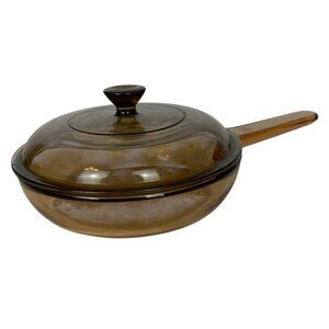 Vintage Vision Corning 7 inch Amber Glass Skillet Waffle Bottom Pyrex Lid